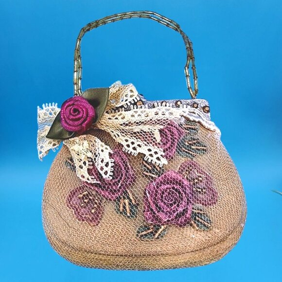 1990s Victorian Purse Ornaments Purple Roses Lace Tulle Beaded Handles Christmas - Picture 8 of 11